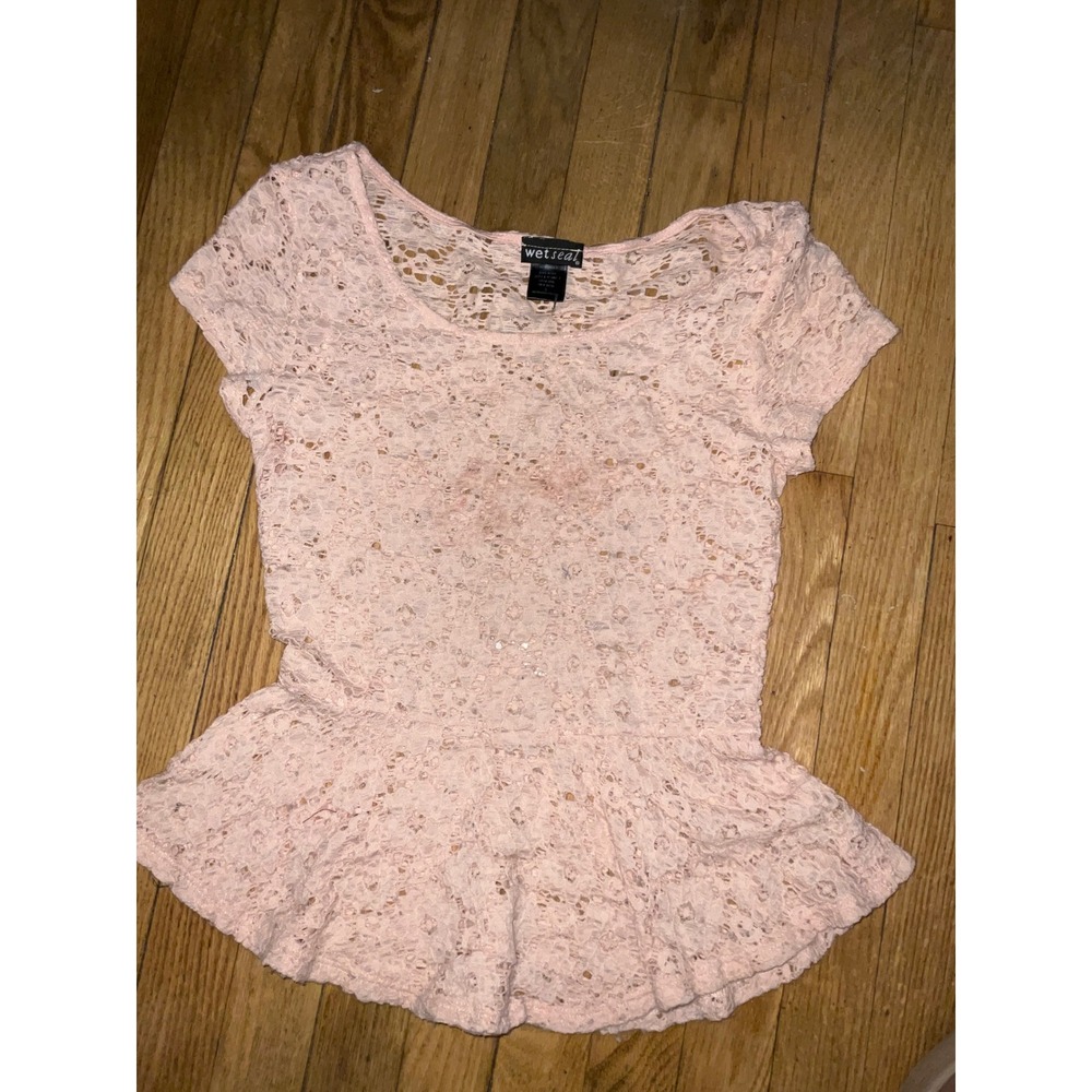 Y2K Wet Seal Peplum Lace Top Pink Cap Sleeve Fairy Core S